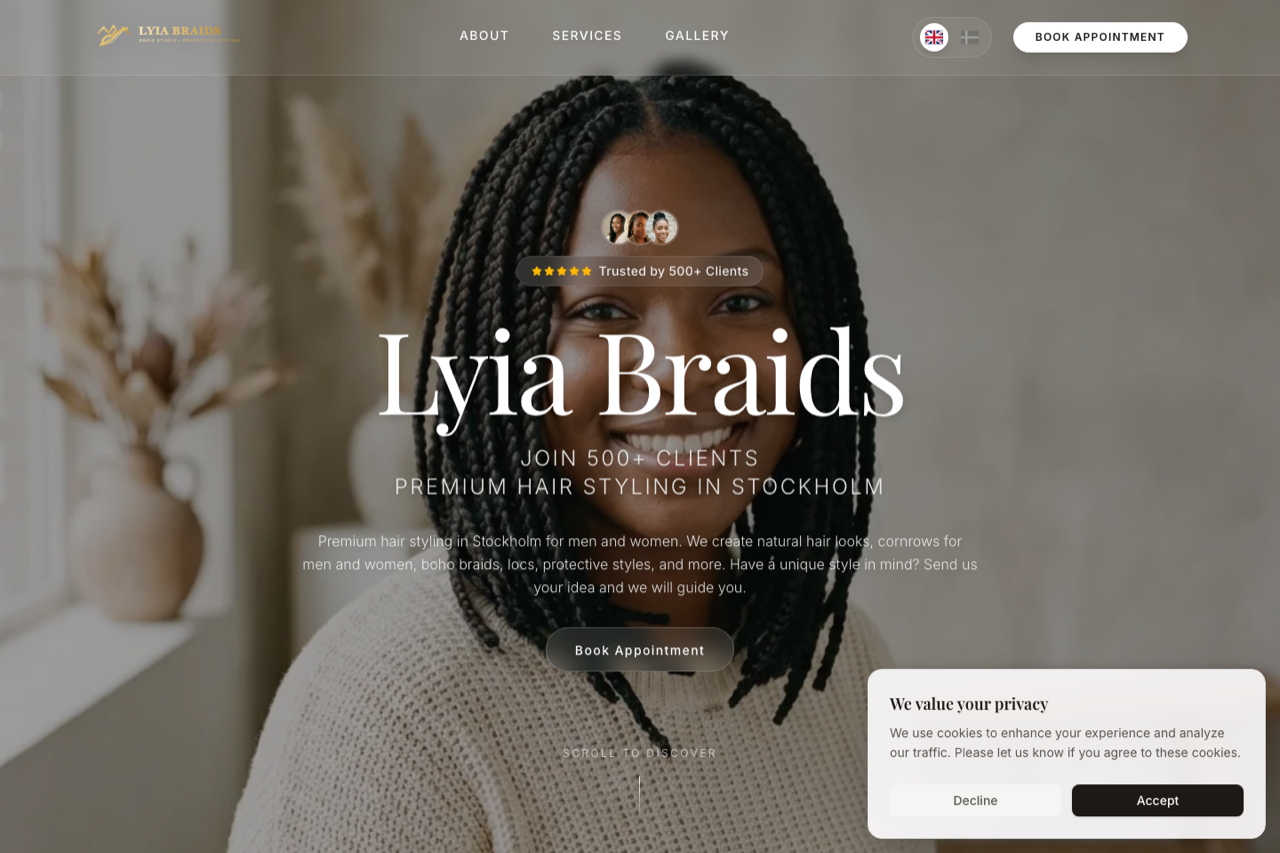 Screenshot of the live Lyia Braids website