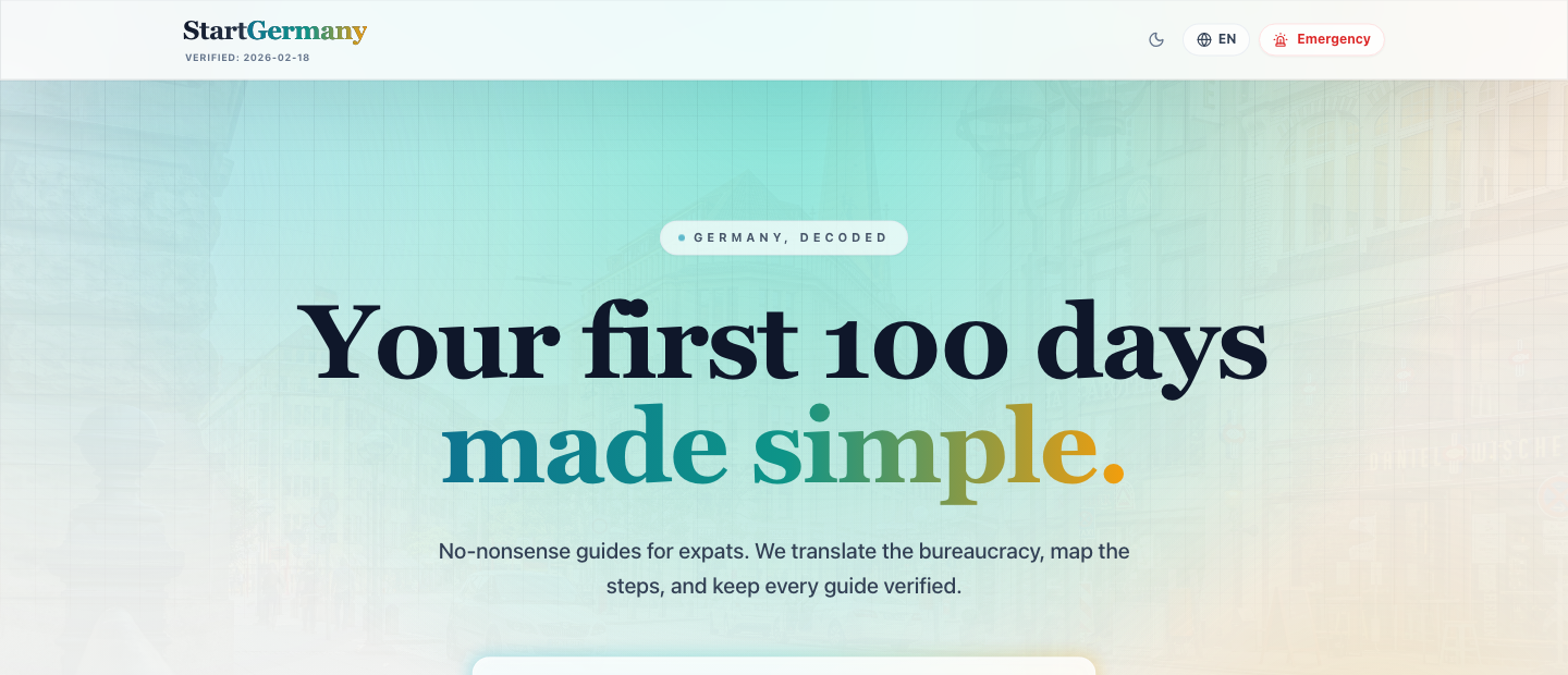 Screenshot of the live StartGermany Survival Kit website