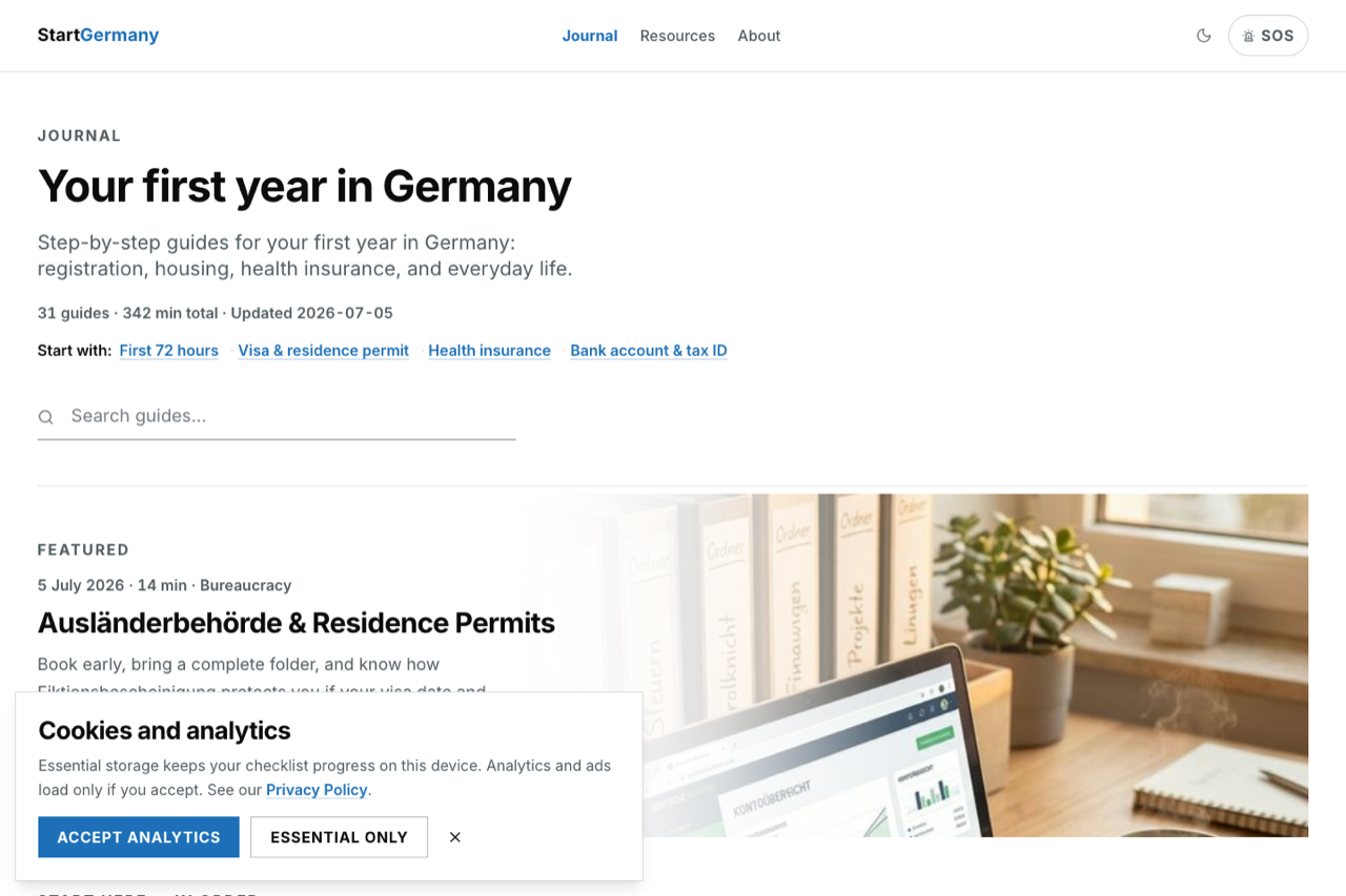 Screenshot of the live StartGermany Survival Kit website